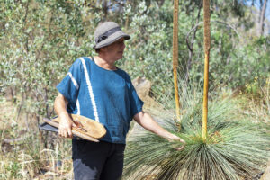 Cath touching grasstree with coolamon in hand