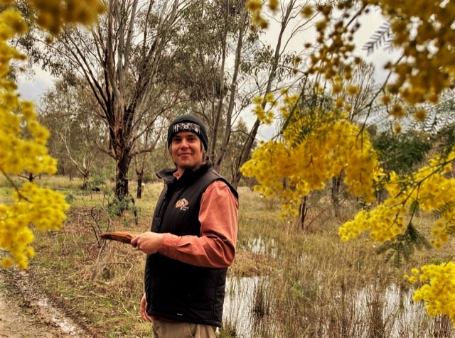 Guide standing amongst the yellow wattle