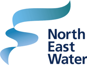 North East Water logo with a blue gradient, wavy ribbon to the left of the bold 'North East Water' text.