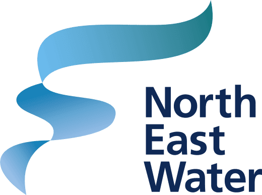 North East Water logo with a blue gradient, wavy ribbon to the left of the bold 'North East Water' text.