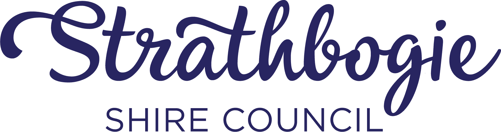 Strathbogie Shire Council logo in dark blue cursive typography.