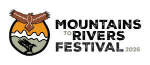 Logo for Mountains to Rivers Festival 2026: a brown eagle soaring above an orange sun with wavy bands and a raven silhouette below, all in a circular emblem