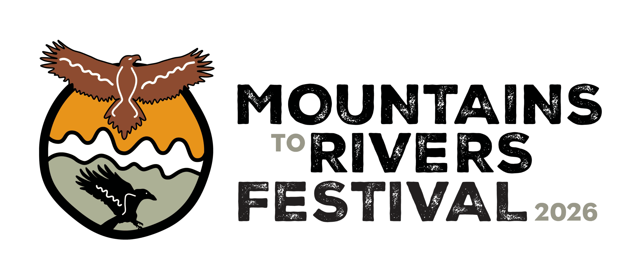 Logo for Mountains to Rivers Festival 2026: a brown eagle soaring above an orange sun with wavy bands and a raven silhouette below, all in a circular emblem