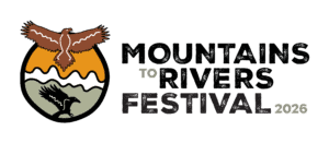 Logo for Mountains to Rivers Festival 2026 featuring a stylized brown eagle soaring above an orange sun, white and black river waves, and a black bird silhouette in a pale green landscape.