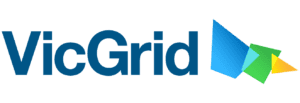 VicGrid logo: bold blue wordmark with geometric blue, teal, green, and orange triangles to the right.