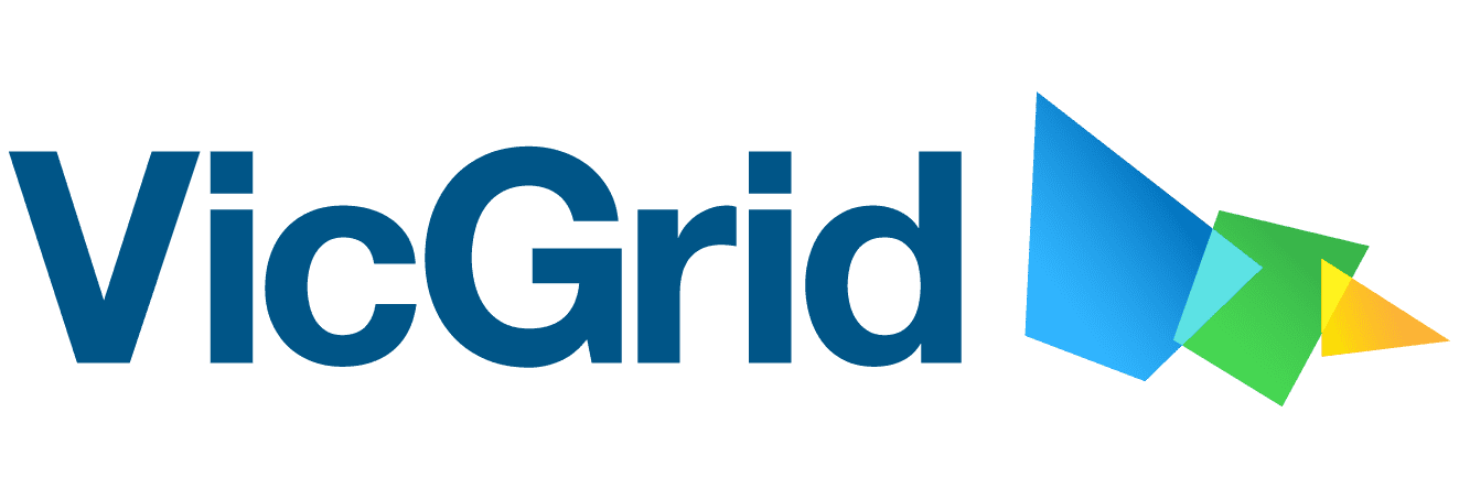 VicGrid logo: bold blue wordmark with geometric blue, teal, green, and orange triangles to the right.